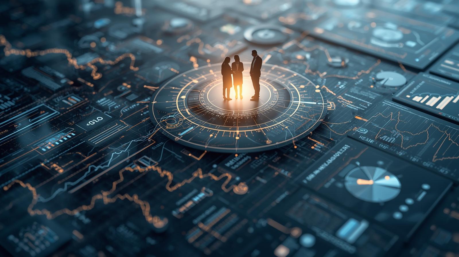 Three silhouetted figures stand on a glowing circular interface amidst digital data.